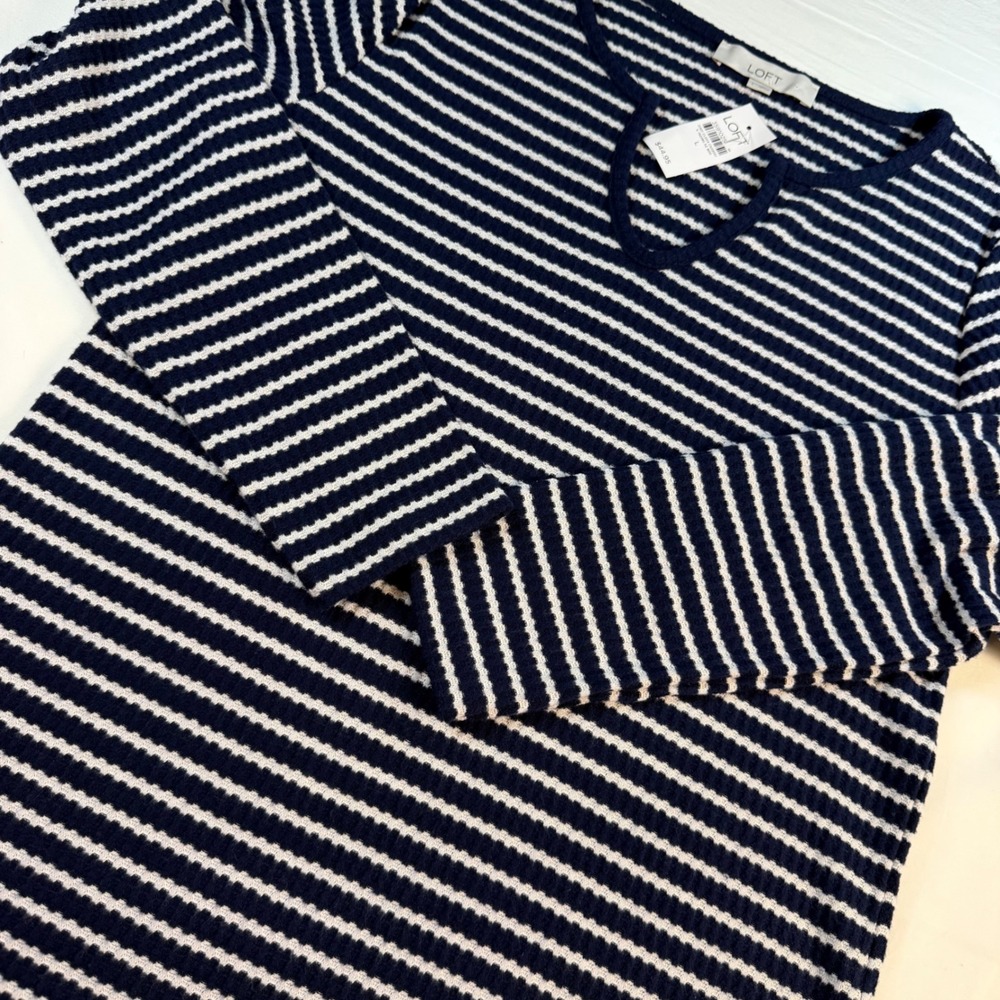 Loft Waffle Knit Top Womens L Navy Blue White Striped Long Sleeve Casual NWT